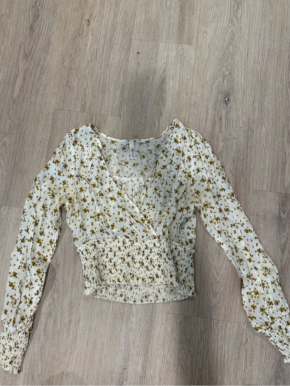 Boutique Floral Wrap Smocked Blouse - White with Olive Floral